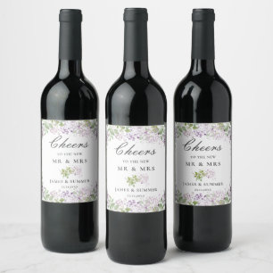 Soft Hued Delicate Lilac Purple Floral Wedding Wine Label