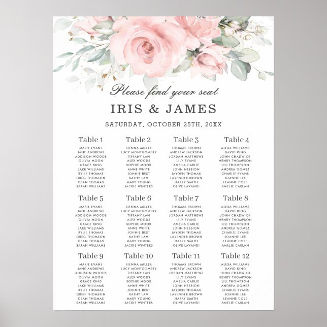 Soft Hued Pink Floral Leafy Wedding Seating Chart (Front)