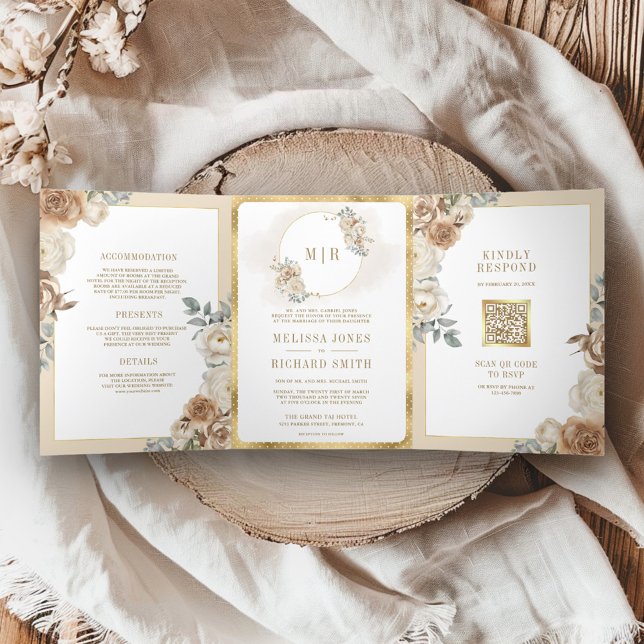 Soft Ivory Beige Floral Gold All in One Wedding Tri-Fold Invitation (Creator Uploaded)