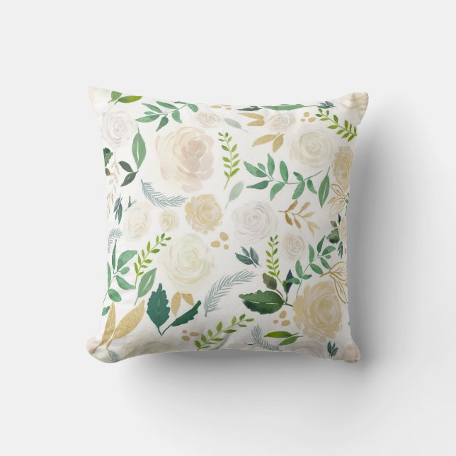 Soft Ivory Floral Pattern with Gold Glitter White Cushion (Front)