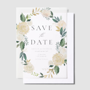 Soft Ivory Floral Wreath Greenery Save the Date Vellum Invitations