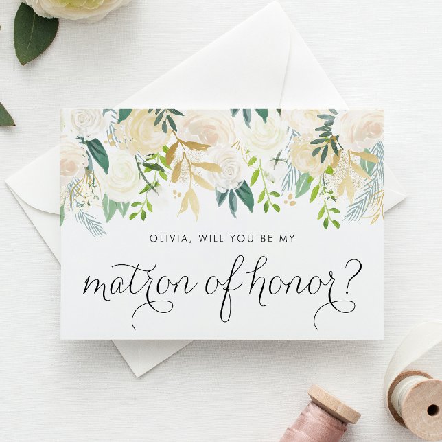 Soft Ivory Flowers and Greenery Matron of Honour Invitation (Will you be my matron of honor? Floral Matron of Honor Proposal Card featuring soft ivory flowers.)