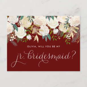 Soft Ivory Flowers Red Be My Junior Bridesmaid Invitation Postcard