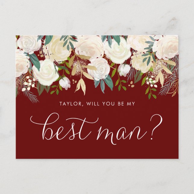 Soft Ivory Flowers Red Will You Be My Best Man Invitation Postcard (Front)