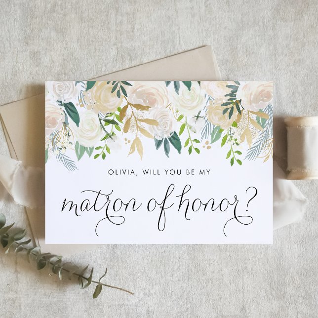 Soft Ivory Flowers Will You Be My Matron of Honour (Will you be my matron of honor? Floral Matron of Honor Proposal Card featuring soft ivory flowers.)