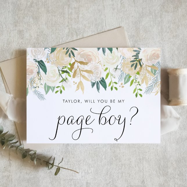 Soft Ivory Flowers Will You Be My Page Boy (Charming floral page boy proposal card with ivory flowers, greenery, and faux gold foil accents.)