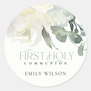 SOFT IVORY WHITE FLORAL AQUA FIRST HOLY COMMUNION CLASSIC ROUND STICKER