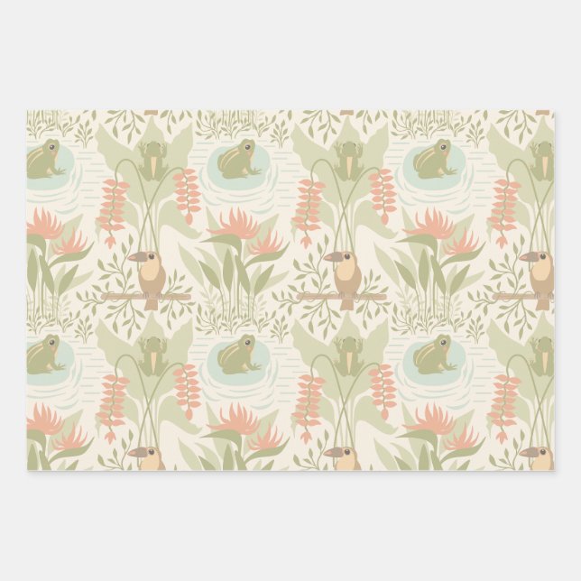  Soft Jungle Frogs & Birds Wrapping Paper Sheet (Front)