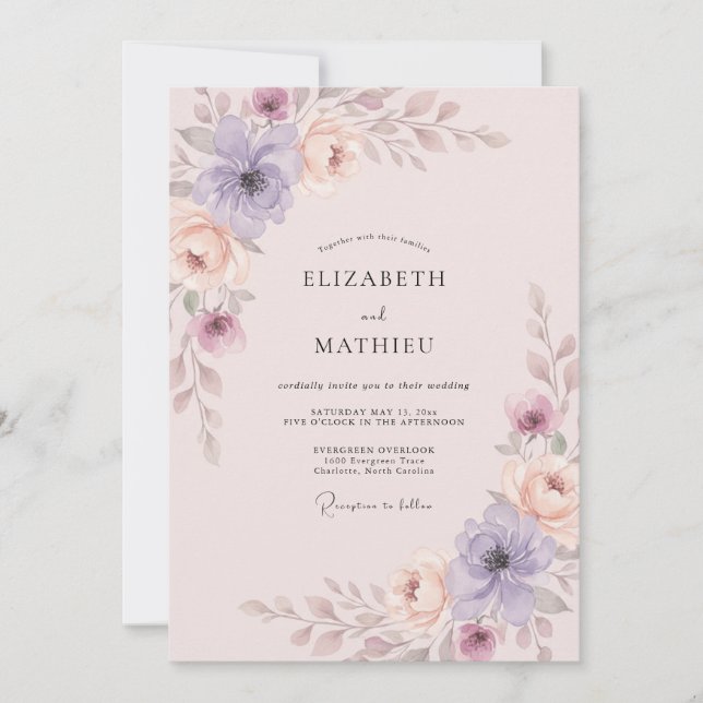 Soft Lavender Botanical Watercolor Wedding Invitation (Front)