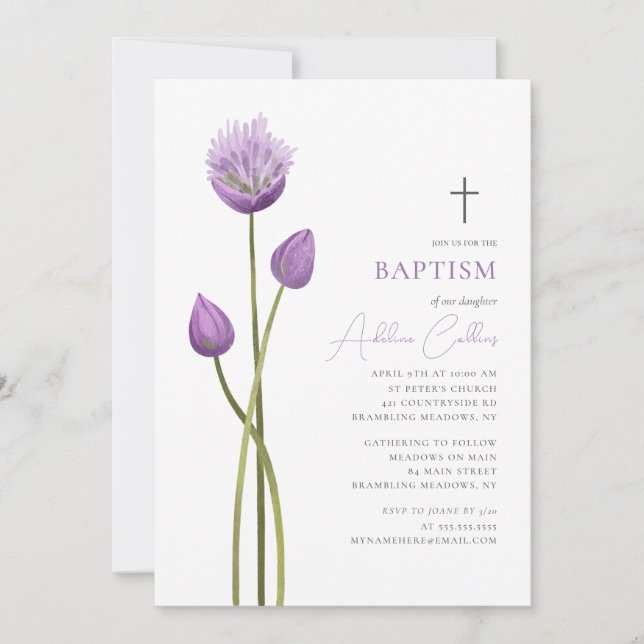 Soft Lavender Bubble Flowers Minimalist Baptism Invitation (Front)