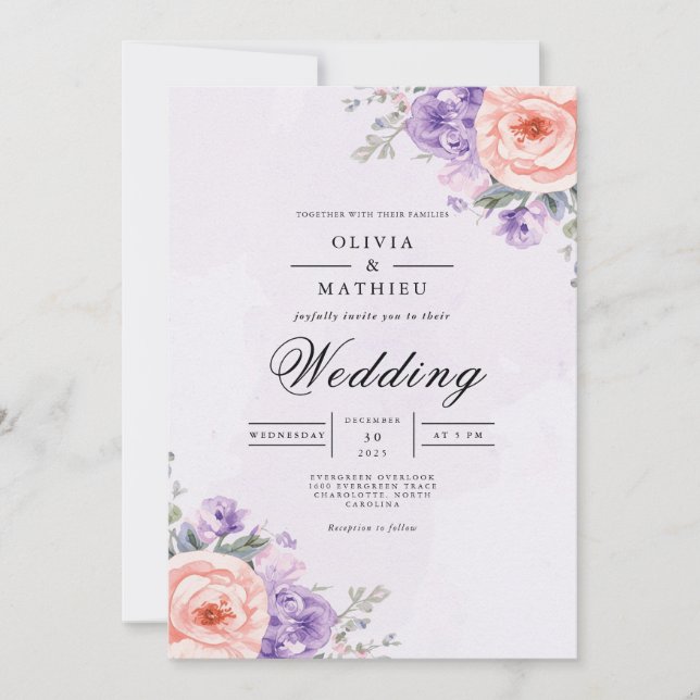 Soft Lavender Coral Floral Romance Wedding Invitation (Front)