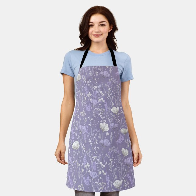 Soft Lavender Flower White Floral Pattern Apron (Worn)