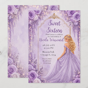 Soft Lavender Gold Floral Sweet Sixteen Party Invitation