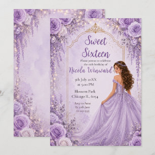 Soft Lavender Gold Floral Sweet Sixteen Party Invitation