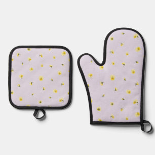 Soft Lavender Japanese Yellow Viola Floral Pattern Oven Mitt & Pot Holder Set