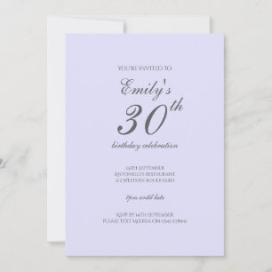 Soft Lavender Minimalist 30th Birthday Invitation