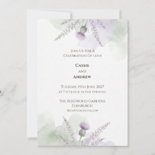 Soft Lavender Scottish Thistle Watercolour Wedding Invitation
