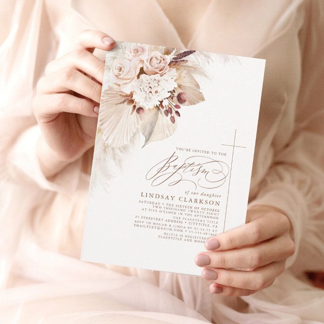 Soft Light Flowers and Pampas Grass Boho Baptism Invitation (Creator Uploaded)