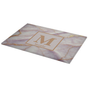 Soft Lilac Marble with Gold Veins Monogram Cutting Board