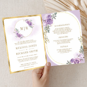 Soft Lilac Purple Floral Gold All in One Wedding Invitation