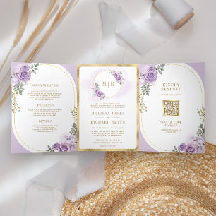 Soft Lilac Purple Floral Gold All in One Wedding Tri-Fold Invitation