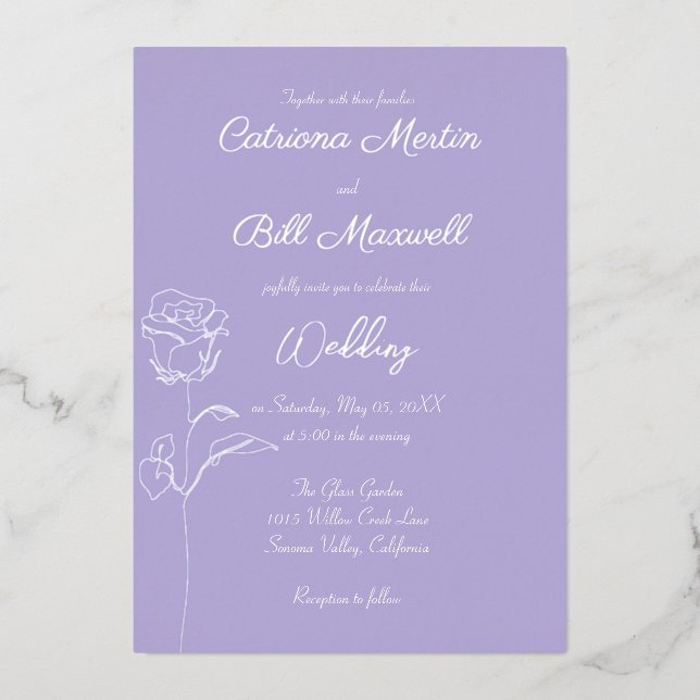 Soft Lilac & Real Silver Foil Wedding Invitation (Front)