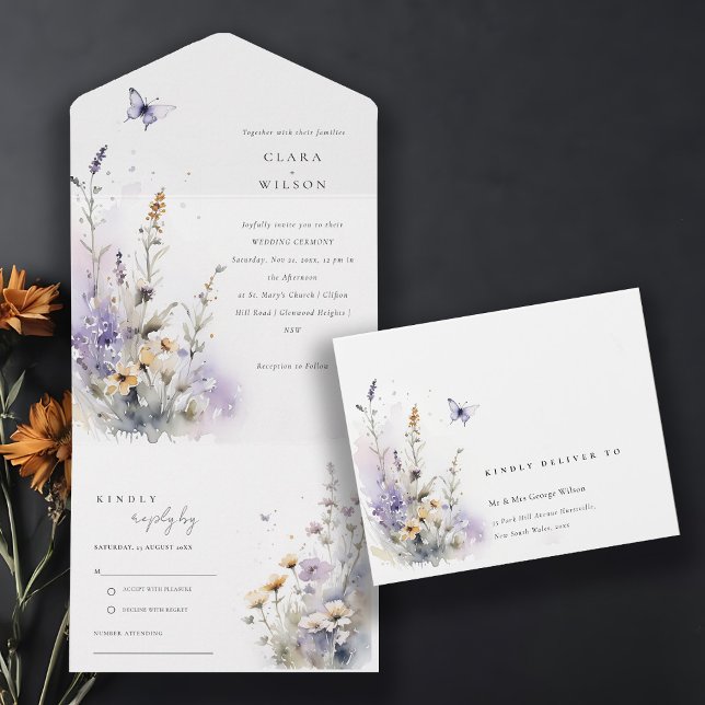 Soft Lilac Wildflower Butterfly Garden Wedding All In One Invitation (Creator Uploaded)