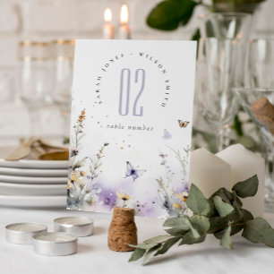 Soft Lilac Wildflower Butterfly Garden Wedding Table Number