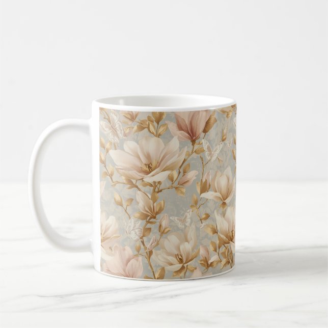 Soft Magnolia Butterfly Botanical Pattern Coffee Mug (Left)