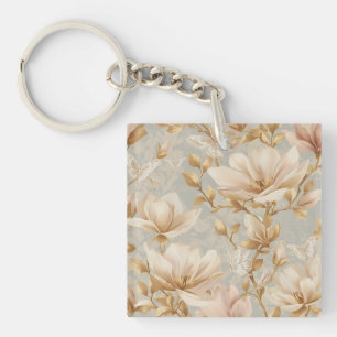 Soft Magnolia Butterfly Botanical Pattern Key Ring