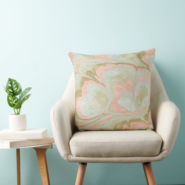 Soft Marble Swirl Pattern Mint, Coral and Olive Cushion (Chair)