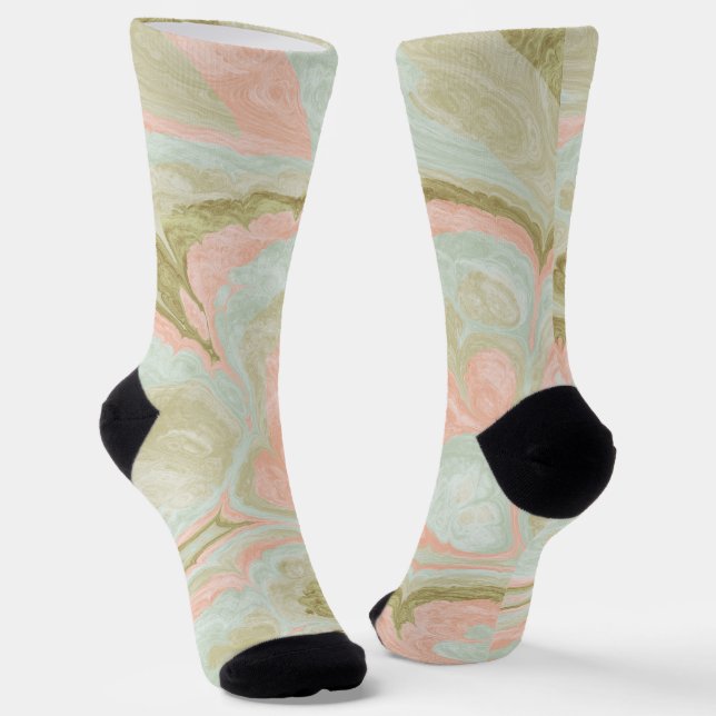 Soft Marble Swirl Pattern Mint, Coral and Olive Socks (Angled)