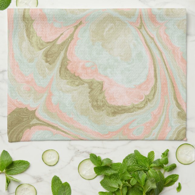 Soft Marble Swirl Pattern Mint, Coral and Olive Tea Towel (Folded)