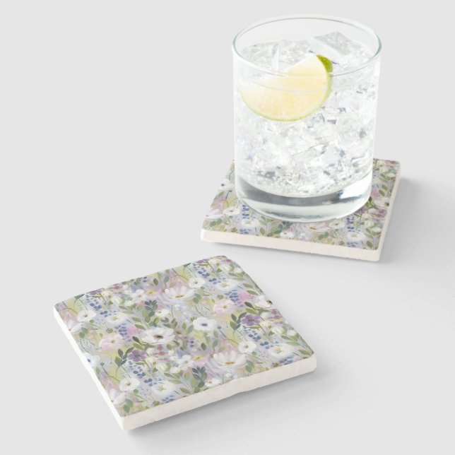 Soft Meadow Floral Watercolor Stone Coaster (Side)