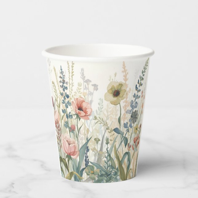 Soft Meadow Impression – Watercolor Botanical Wall Paper Cups (Front)