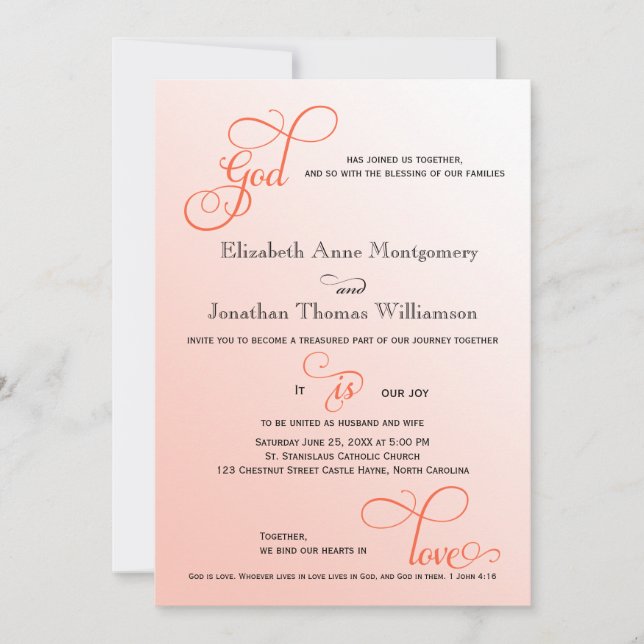 Soft Melon Script God is Love Christian Wedding Invitation (Front)