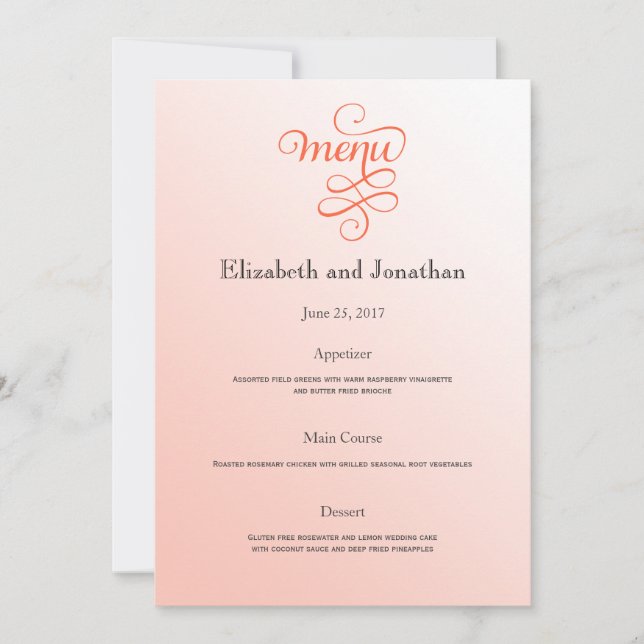 Soft Melon Wedding Reception Menu Invitation (Front)