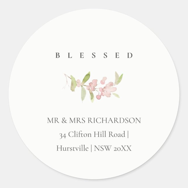 SOFT MINIMAL BLUSH ROSE PINK BLESSED ADDRESS CLASSIC ROUND STICKER (Front)
