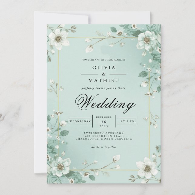Soft Mint Floral Border Wedding Invitation (Front)