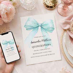 Soft mint green bow cream elegant Quinceanera Invitation
