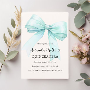 Soft mint green bow cream elegant Quinceanera Invitation