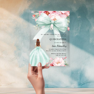 Soft mint green bow dress florals Quinceanera Acrylic Invitations
