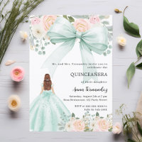 Soft mint green bow pink florals dress Quinceanera