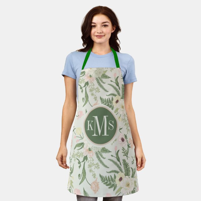 Soft Mint Green Garden Flower Pattern Apron (Worn)