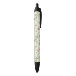 Soft Mint Green Garden Flower Pattern Black Ink Pen