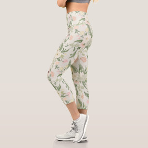 Soft Mint Green Garden Flower Pattern Capri Leggings