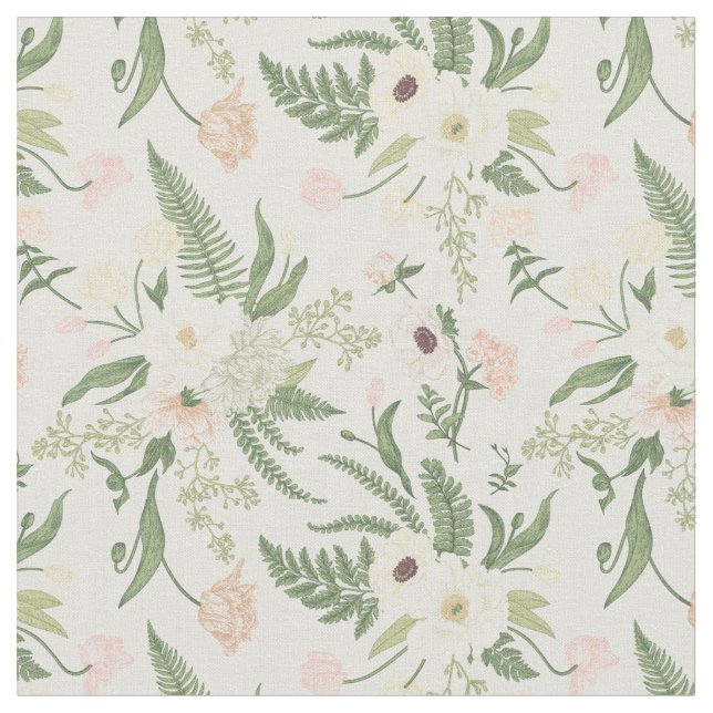 Soft Mint Green Garden Flower Pattern Fabric (Close Up)
