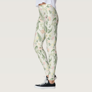 Soft Mint Green Garden Flower Pattern Leggings