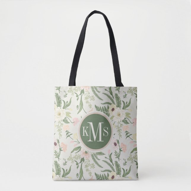 Soft Mint Green Garden Flower Pattern Tote Bag (Front)