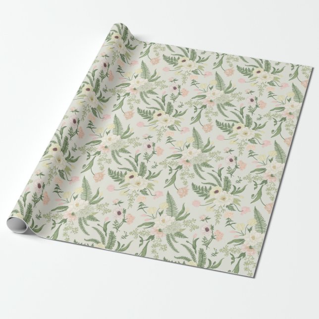 Soft Mint Green Garden Flower Pattern Wrapping Paper (Unrolled)